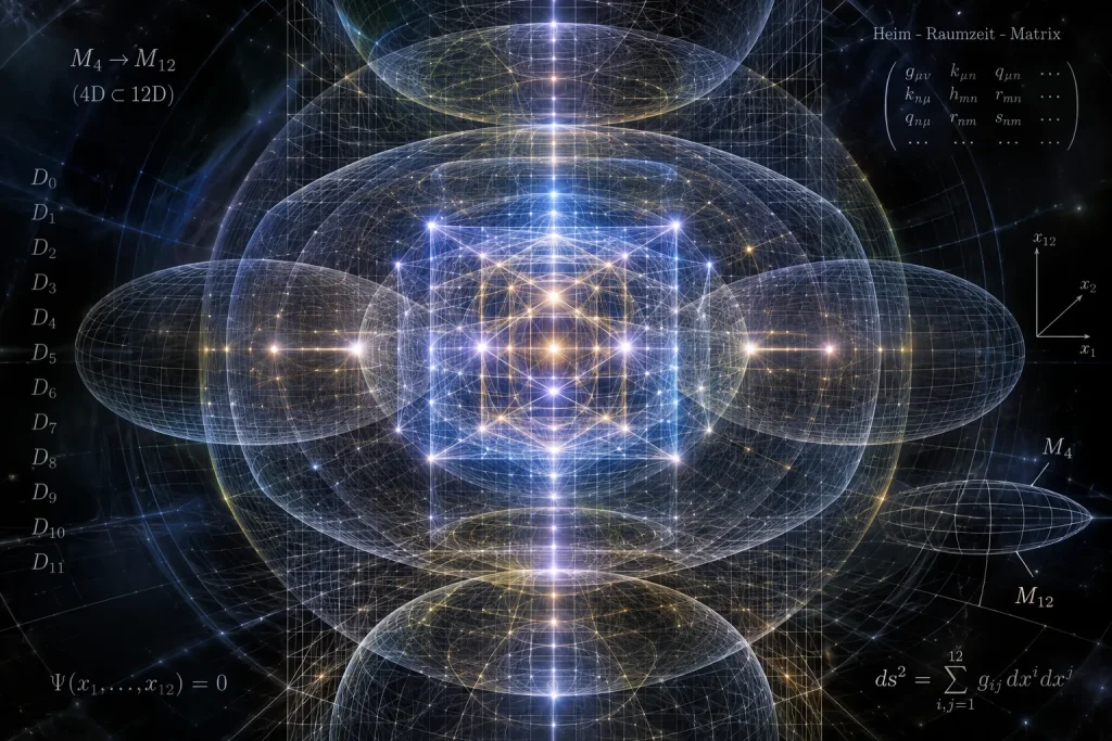Abstrakte Darstellung eines mehrdimensionalen geometrischen Gitternetzes nach der Quantenfeldtheorie von Burkhard Heim.