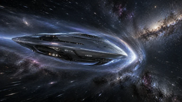 Futuristisches Raumschiff mit leuchtendem Feldantrieb und Warp-Blase im interstellaren Raum jenseits der Lichtgeschwindigkeit.