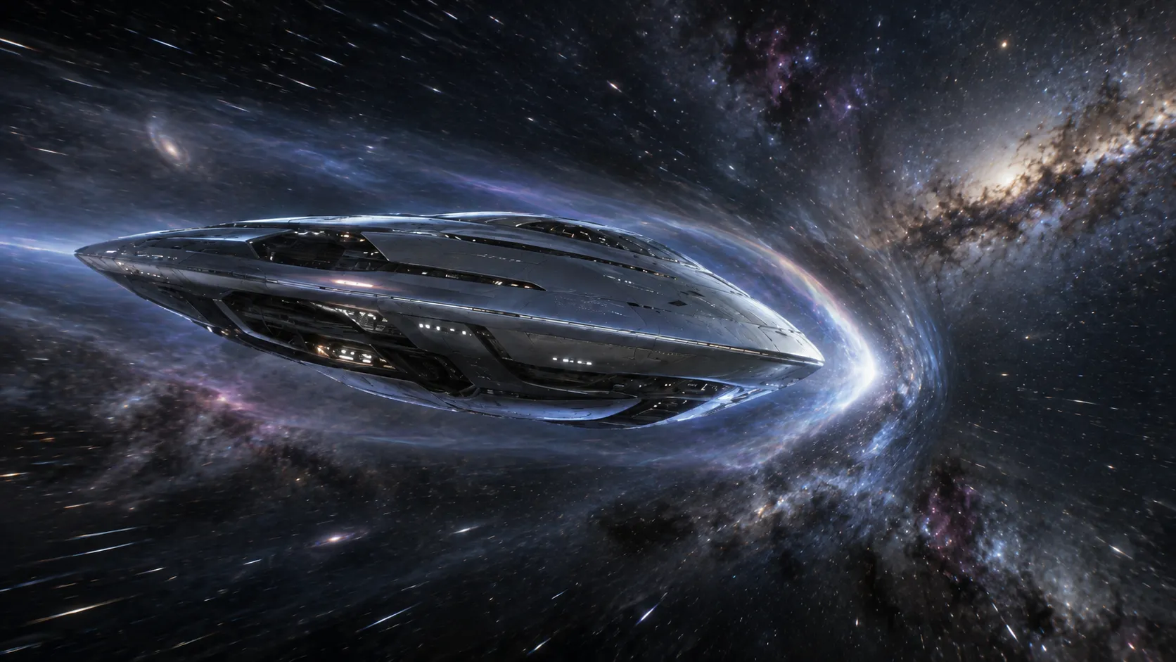 Futuristisches Raumschiff mit leuchtendem Feldantrieb und Warp-Blase im interstellaren Raum jenseits der Lichtgeschwindigkeit.
