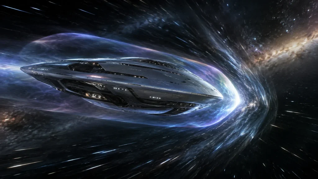 Futuristisches Raumschiff mit leuchtendem Feldantrieb und Warp-Blase im interstellaren Raum jenseits der Lichtgeschwindigkeit.