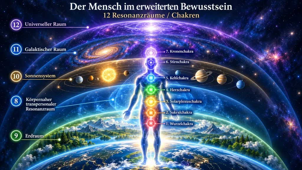 Grafik eines Menschen mit sieben körperbezogenen Chakren und fünf erweiterten Resonanzräumen zu Erde, Sonnensystem, Galaxis und universellem Raum.