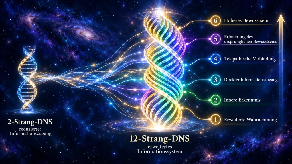 Infografik zur Entwicklung von einer 2-Strang-DNS zu einer 12-Strang-DNS mit sechs hierarchisch angeordneten Bewusstseinsebenen und erweiterten Informationsverbindungen.