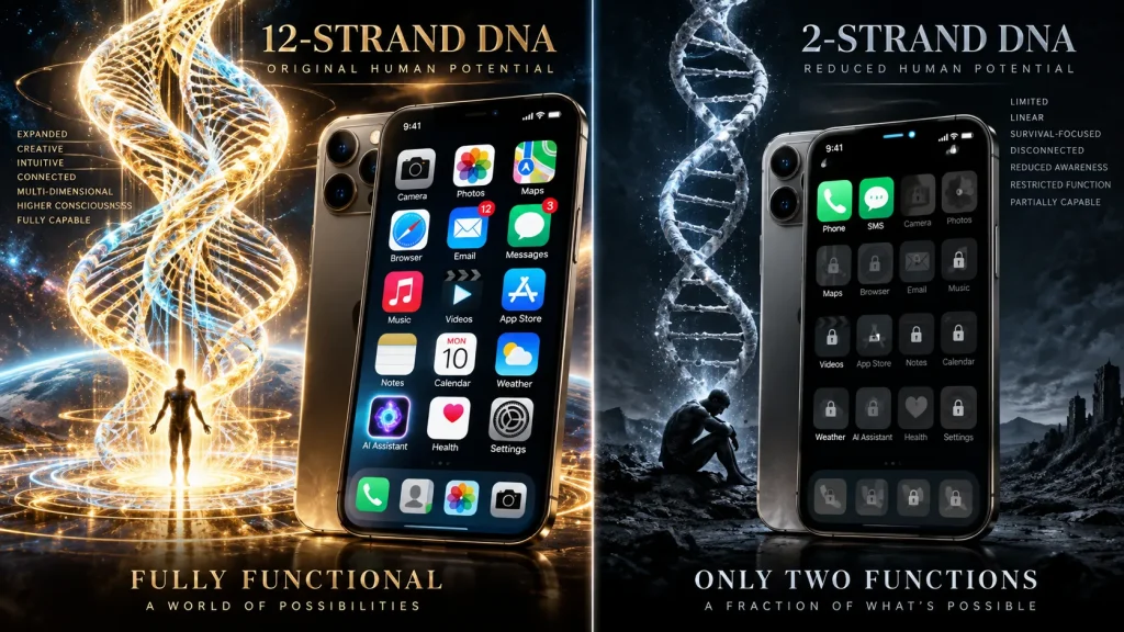 Symbolische Gegenüberstellung von Zwölf-Strang-DNA und Doppelhelix anhand zweier Smartphones: links volles Funktionsspektrum, rechts auf Telefon und SMS reduzierte Funktionen.